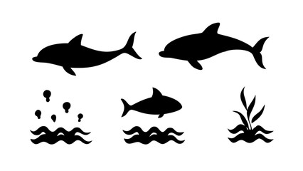 Vector art of dolphin and seaweed icons symbol of marine life, ocean, sea, mammal, aquatic animal, nature, conservation, and underwater ecosystem