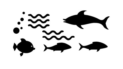 Vector art of a collection of black fish silhouettes swimming in the water, including a dolphin, with bubbles and waves, , perfect for marine life or aquatic themed designs