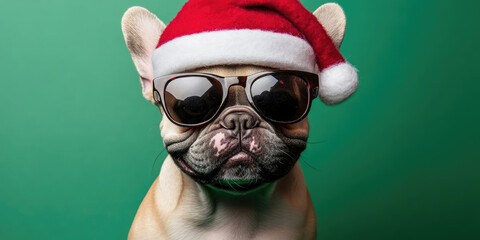 Merry Christmas concept holiday vacation winter funny animal pet greeting card - Cool french bulldog dog with sunglasses and santa claus hat, isolated on green background