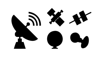 Vector art of collection of satellite and antenna icons, ideal for illustrating communication technology, space exploration, and global connectivity, perfect for digital projects