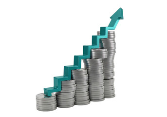 3d illustration of a rising graph made of stacked coins with an upward arrow, symbolizing financial growth and investment success, isolated on transparent background on transparent background