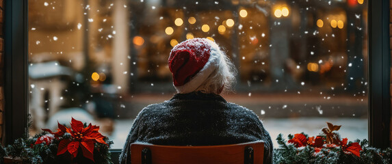 Back view of lonely old woman sitting by her selves at nursing home,  Christmas time. Christmas Eve snowfall, New Year's background outside