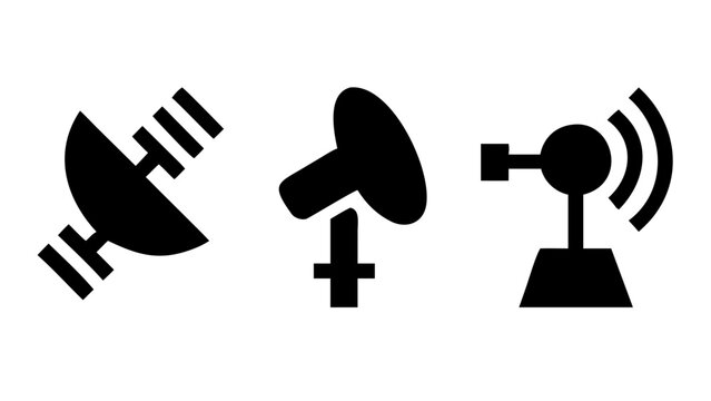 Vector art of illustration set featuring various communication and broadcast symbols, including satellite dishes and antennas, perfect for technology and media themes