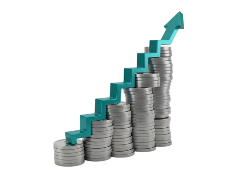 3d illustration of a rising graph made of stacked coins with an upward arrow, symbolizing financial growth and investment success, isolated on transparent background on transparent background