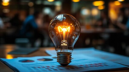 Glowing light bulb standing on top of business charts with blurred office background, creativity, new ideas, innovation, planning, strategy, business vision, productivity, and modern corporate success