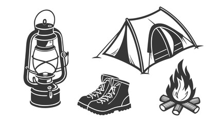 Illustration of camping gear lantern, tent, boots, and campfire, showcasing the essential items for a comfortable and enjoyable outdoor experience