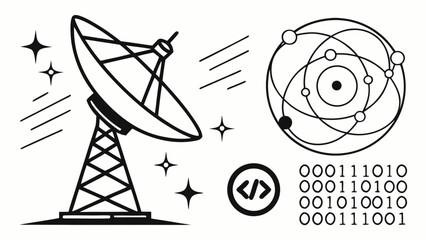 Vector art of a satellite dish transmits signals, an atom orbits, and binary code streams, a captivating glimpse into the world of technology and scientific exploration
