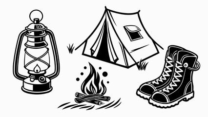 Vector art of a monochrome illustration showcasing camping gear, it features a lantern, a tent, a campfire, and hiking boots, all rendered in black and white, evoking outdoor adventures
