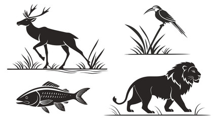 Vector art of nature illustration set featuring a deer, bird, fish, and lion in natural settings, capturing the wild essence of wildlife in a serene composition