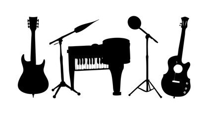 Vector art of silhouette of musical instruments including guitars, a piano, and microphones represents music, performance, and artistic expression