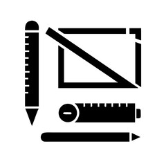 Vector art of a graphic design icon set, featuring a pencil, ruler, and frame, representing tools for drawing, measuring, and creating visual designs