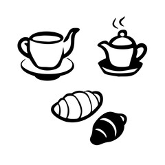 Illustration of a tea set with a cup, teapot, and croissants, perfect for a bakery or cafe menu, representing breakfast, pastry, and hot drinks with a simple and elegant design