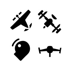 Vector art of collection of four drone icons, featuring various drone designs and perspectives, representing aerial technology, remote control, and modern aviation
