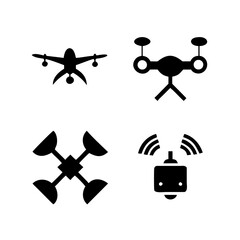 Vector art of set of four drone icons, showcasing diverse drone models and control systems, representing unmanned aerial vehicles, remote operation, and technological advancement