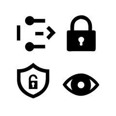 Vector art of data encryption icon set includes data flow, padlock, shield, and eye icons perfect for illustrating data security, privacy, and protection concepts