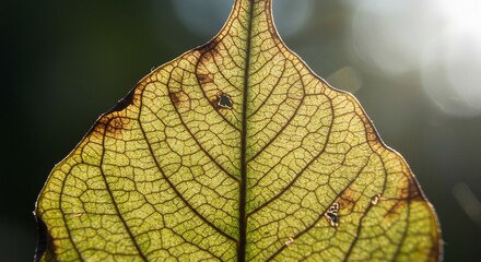 Obraz premium A backlit translucent leaf displays intricate veins with a dark green background