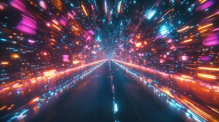 Obraz premium Futuristic tunnel speed travel, vibrant colors, digital art