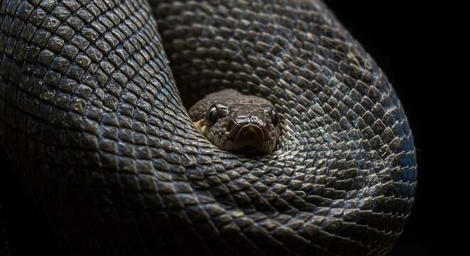 A closeup of a coiled snake revealing head and textured scales against black