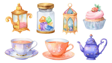Colorful Watercolor Objects Collection with Teacups and Sweet Treats Isolated Background