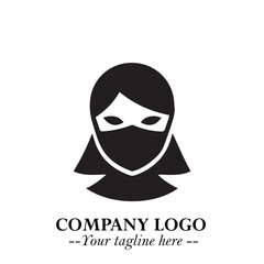 Elegant Woman Wearing Mask Logo Symbol in Black on White Background with Minimalist Modern Design