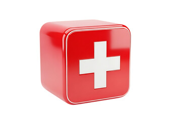 3d illustration of a red cube with a white cross, representing a first aid kit or medical symbol, isolated on transparent background on transparent background