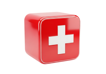 3d illustration of a red cube with a white cross, representing a first aid kit or medical symbol, isolated on transparent background on transparent background