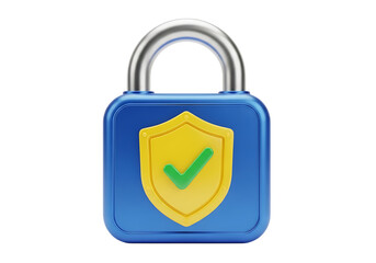 3d illustration of a blue padlock with a yellow shield and a green checkmark, symbolizing security and safety, isolated on transparent background on transparent background