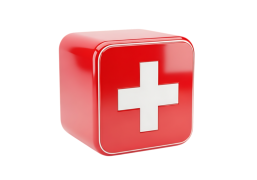 3d illustration of a red cube with a white cross, representing a first aid kit or medical symbol, isolated on transparent background on transparent background