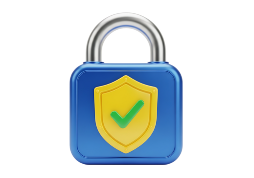 3d illustration of a blue padlock with a yellow shield and a green checkmark, symbolizing security and safety, isolated on transparent background on transparent background - Powered by Adobe