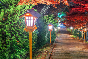 Fujiyoshida, Japan lanterns lead from Arakura Sengen Shrine  at Dusk During Autumn 587