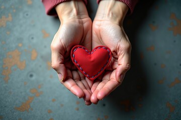 Obraz premium Compassion and charity concept with a person's hands gently holding a red handmade heart. Symbol of love and giving.