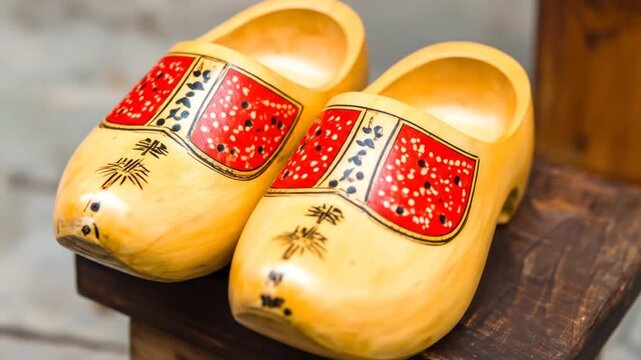 A pair of traditional wooden clogs, with red and white decorations on a wooden surface