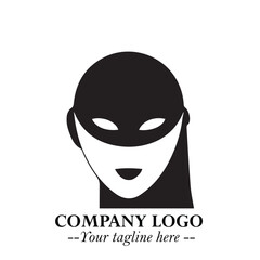 Elegant Woman Wearing Mask Logo Symbol in Black on White Background with Minimalist Modern Design