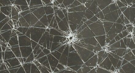 A dark surface with numerous cracks emanating from a central impact point resembling shattered glass
