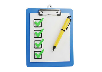 3d illustration of a blue clipboard with a white sheet of paper displaying a checklist with four green checkmarks and a yellow pen, isolated on transparent background on transparent background