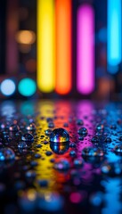 Neon Water Droplet Reflection Wet Surface Macro Colorful Lights