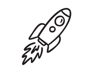 Rocket flying up, imagination and study, line art school doodle, outline contour, monochrome, hand drawn