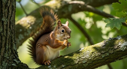 Squirrel enjoying a snack in a tree on a sunny day.