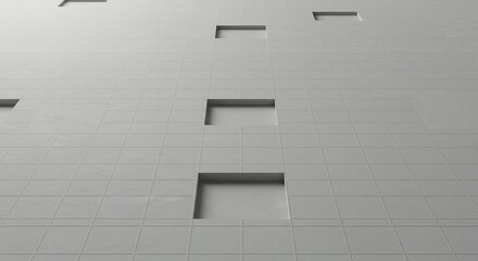 A gray tiled wall with recessed square openings Grid pattern angled view diffuse lighting