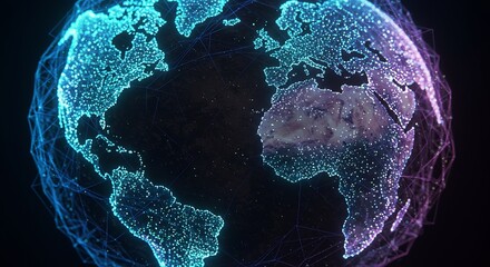A globe composed of glowing dots and connected lines is set against a dark background