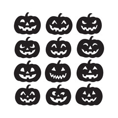 black Halloween pumpkin carving faces Silhouette on white background.