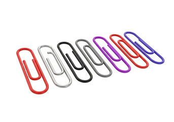 3d illustration of a row of colorful paper clips including red, silver, black, gray, purple, orange, and blue, isolated on transparent background on transparent background