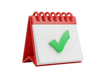 3d illustration of red spiralbound desk calendar with a white page and a green checkmark symbol indicating completion or confirmation, isolated on transparent background on transparent background