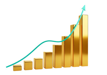 3d illustration of golden bar chart showing upward trend with a green arrow indicating growth and success, isolated on transparent background on transparent background