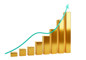3d illustration of golden bar chart showing upward trend with a green arrow indicating growth and success, isolated on transparent background on transparent background