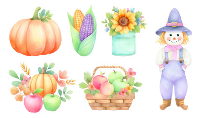 Watercolor Illustration of Autumn Harvest Elements with a Scarecrow and Fruits