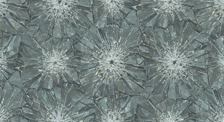A pattern of shattered glass each point of impact radiating fragmented shards The surface is grey