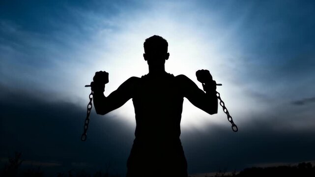 Empowered Silhouette of a Man Breaking Chains Against a Dramatic Sky