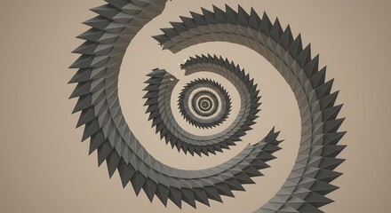 A spiraling design features gray triangular shapes radiating inwards Background is a solid light tan color