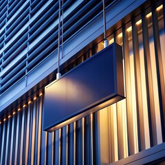 Dark Rectangular Sign Hanging on a Modern Building Facade with Vertical Slats billboard signage